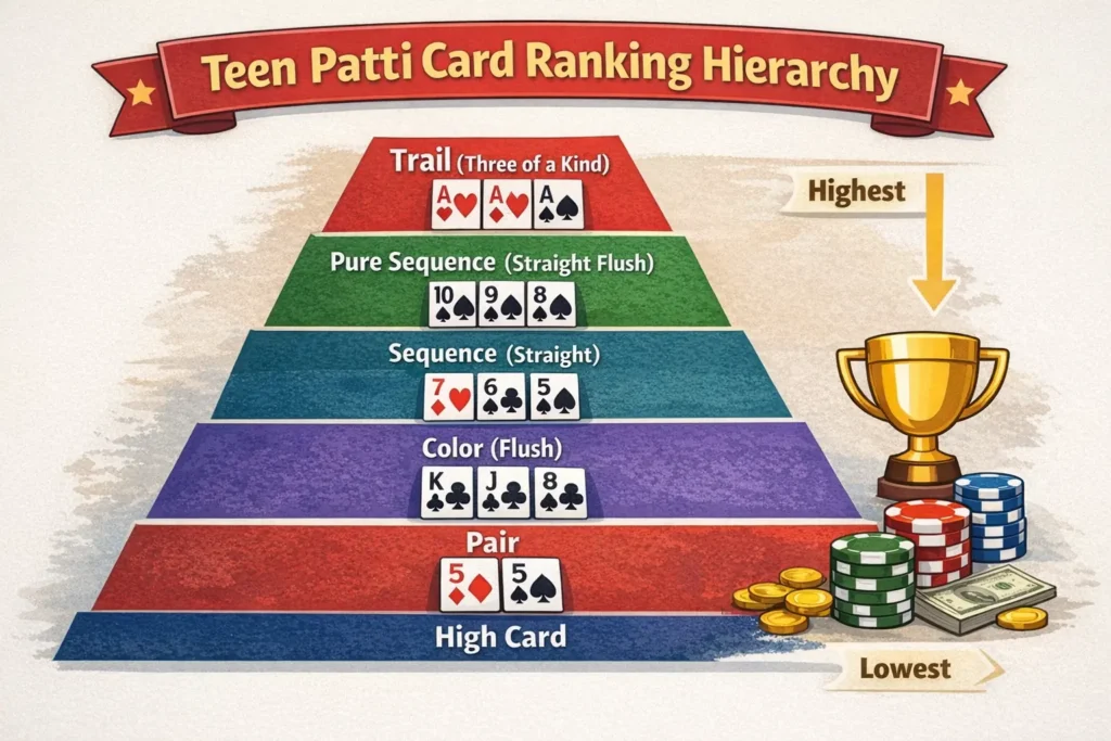 Teen Patti card ranking hierarchy chart
