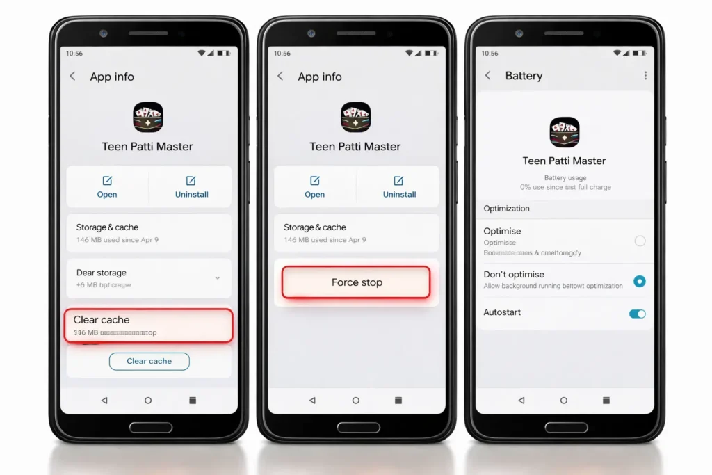 How to clear cache in Teen Patti Master app
Android app storage clear cache settings
Disable battery optimization Android app