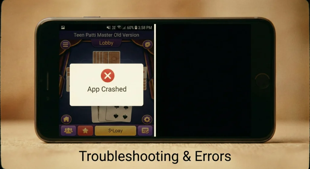 Visual troubleshooting guide showing 4 common old version errors for Teen Patti Master including App Crash and Black Screen on a vintage smartphone.