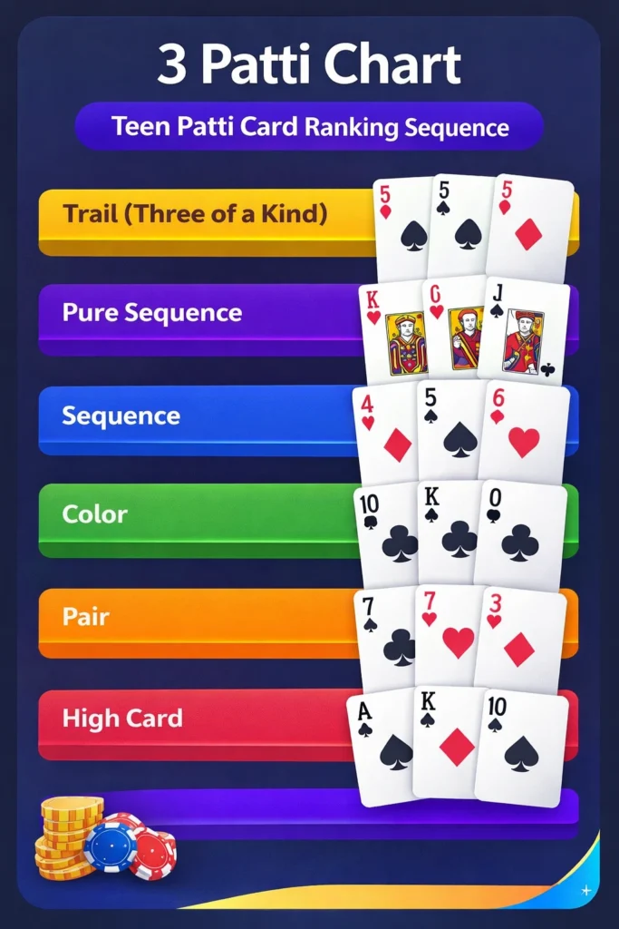 3 Patti master Chart – Complete Teen Patti Sequence List & Card Ranking Image
