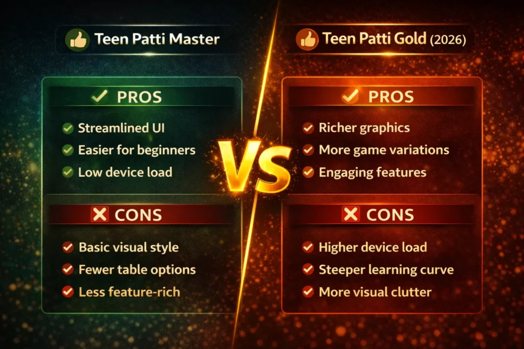 Teen Patti Master vs Gold pros and cons summary 2026