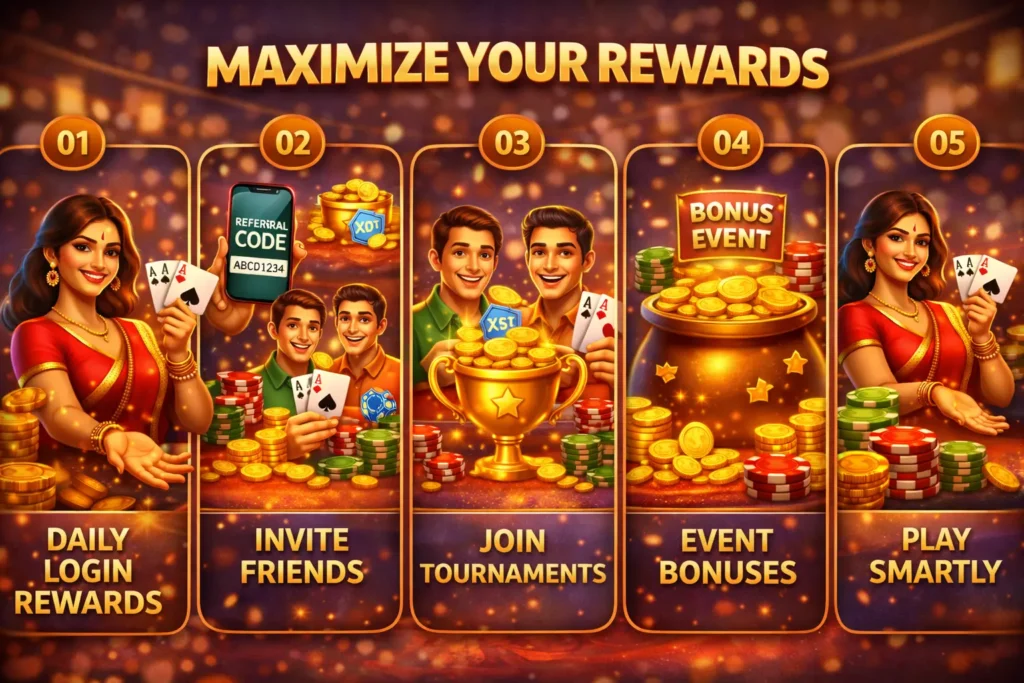 Teen Patti Master maximize rewards strategy daily login referral bonus tournaments