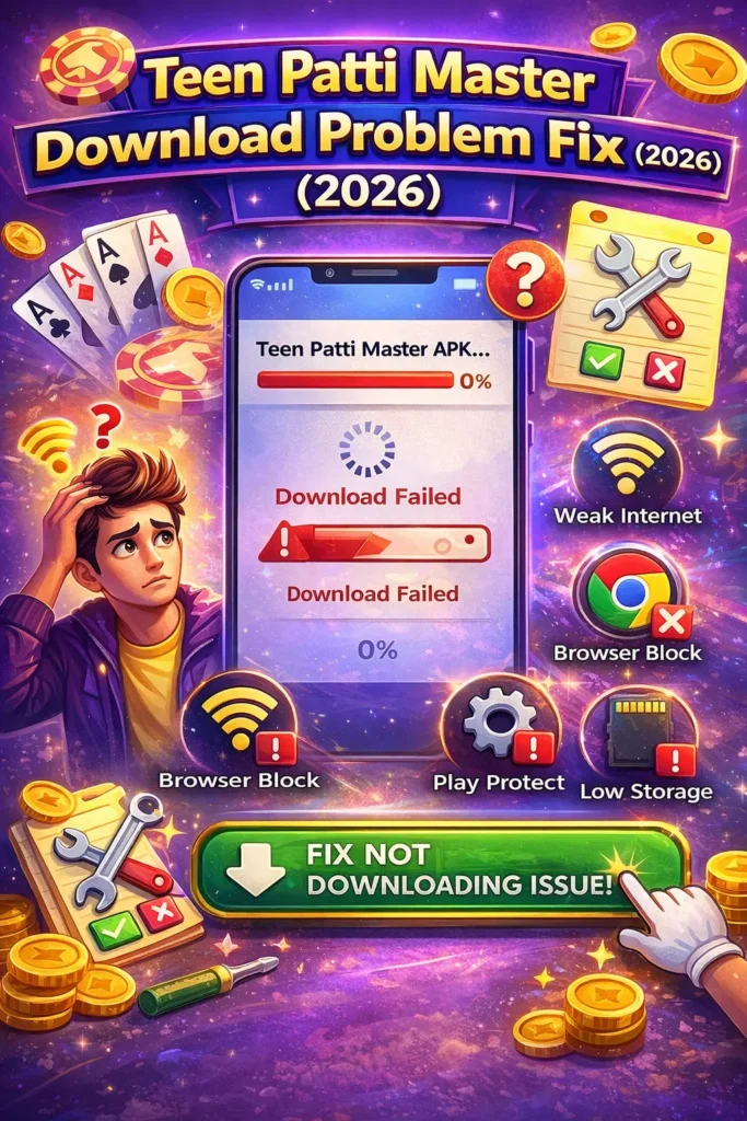 Teen Patti Master download problem fix 2026 with APK issue illustration
