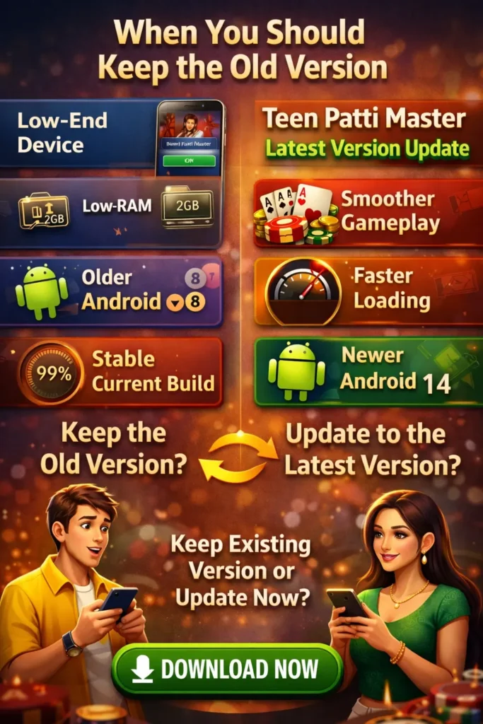 Teen Patti Master latest version update comparison between old version and latest APK for low end and newer Android devices