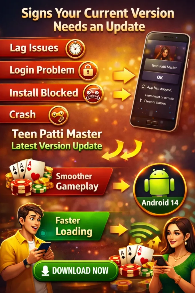 Teen Patti Master latest version update showing lag login issue install blocked and smoother gameplay benefits