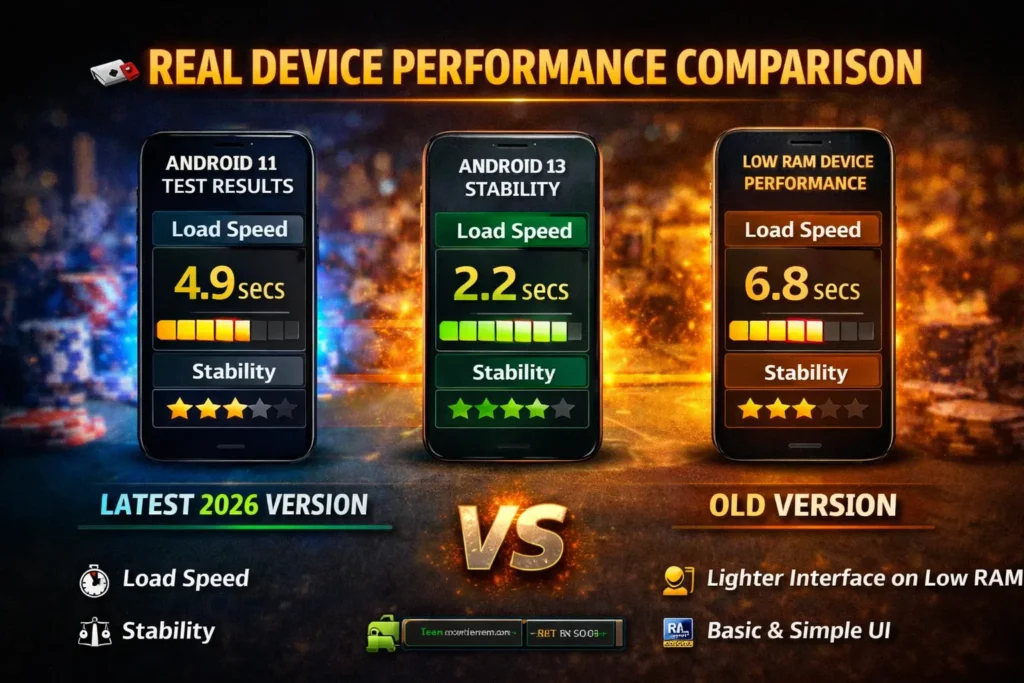 Teen Patti Master real device performance comparison on Android 11, Android 13, and low RAM phones with load speed and stability results