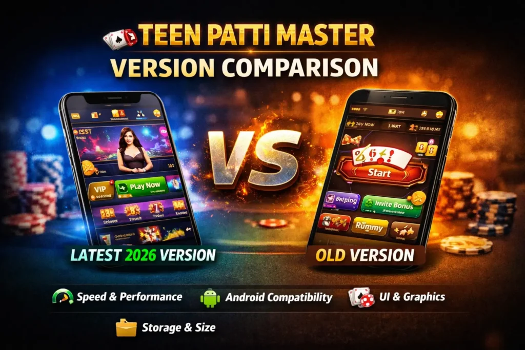 Teen Patti Master version comparison banner showing 2026 latest version vs old version with speed, Android compatibility, UI graphics, and storage differences