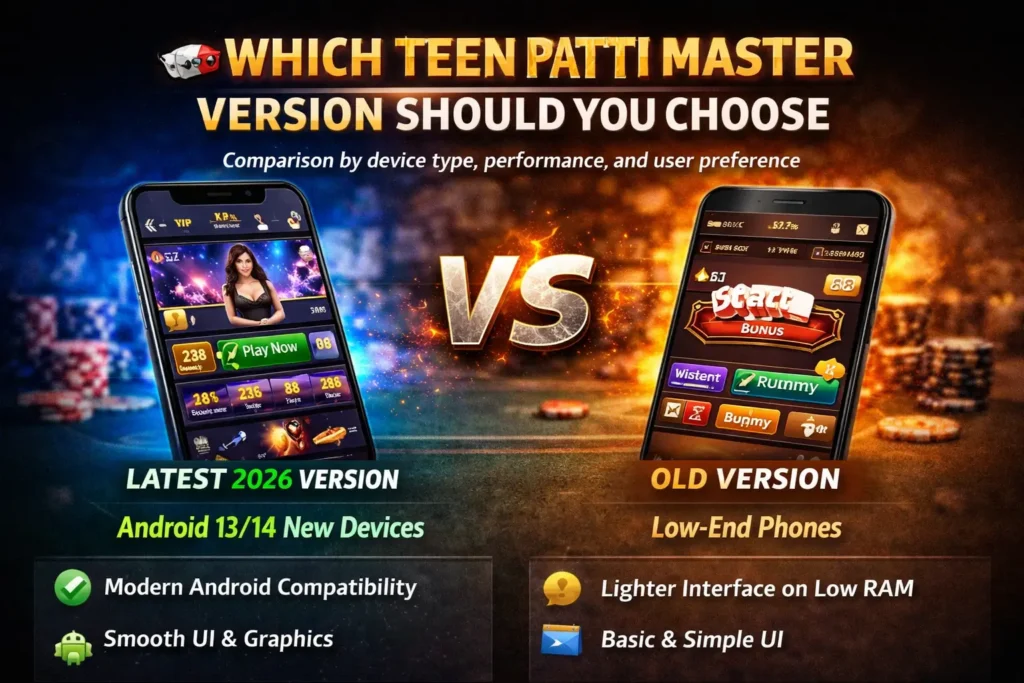Teen Patti Master latest 2026 vs old version infographic showing best version for Android 13, Android 14, and low-end phones