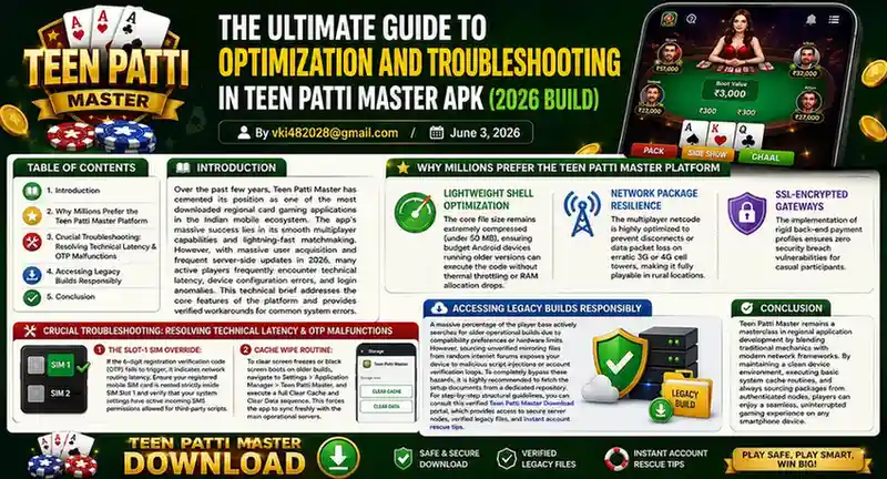 Teen Patti Master APK download guide 2026, troubleshooting infographic showing OTP not received fix, cache clear solution, game optimization tips, legacy APK version support, secure download recommendations, and Android performance improvements.